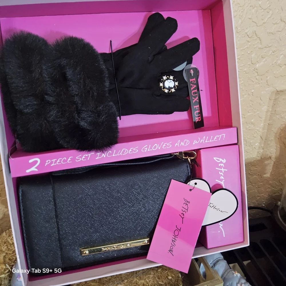 Betsey Johnson Black Gloves and Wallet Set with Gold Accents